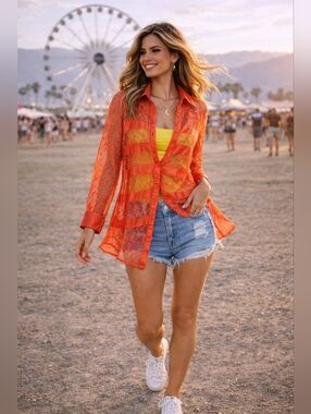 BKE Boutique Coral Lace Button Down Blouse XL Sheer Oversized Boho Statement Top